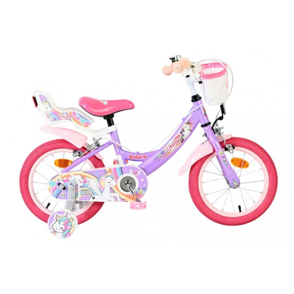 Volare Unicorn Kinderfiets Meisjes 14 inch Paars | 2 Handremmen (geen terugtraprem)
